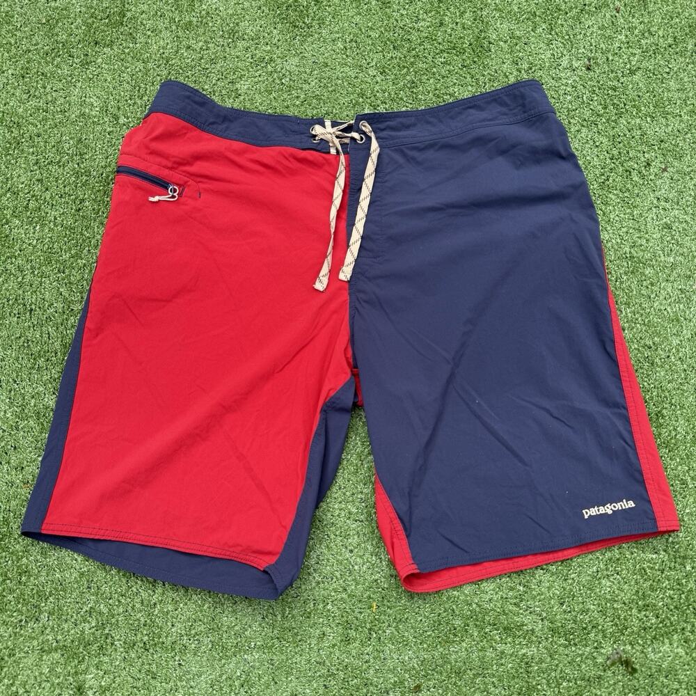 Patagonia Men’s Board Shorts Size 38 Red Navy Blue Swim Surf Trunks Color Block